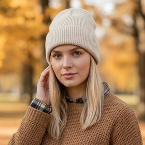 2/$30 Unisex New Beige Ribbed Knit Cuffed Winter Fall Beanie Hat Cap Men Women